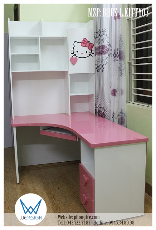Bàn học Hello Kitty đeo nơ công chúa xinh MSP: BHGS-L.KITTY03 có tay nắm trái tim dễ thương