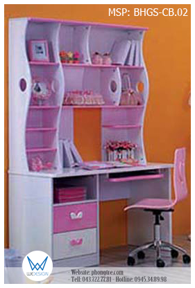 Mẫu thiết kế bàn học liền giá sách trang trí chủ đề bướm xinh MSP: BHGS-CB.02 màu trắng - hồng dễ thương