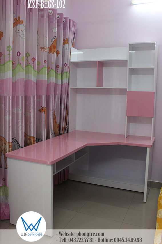 Mẫu bàn học góc liền giá sách MSP: BHGS-L.02 màu hồng