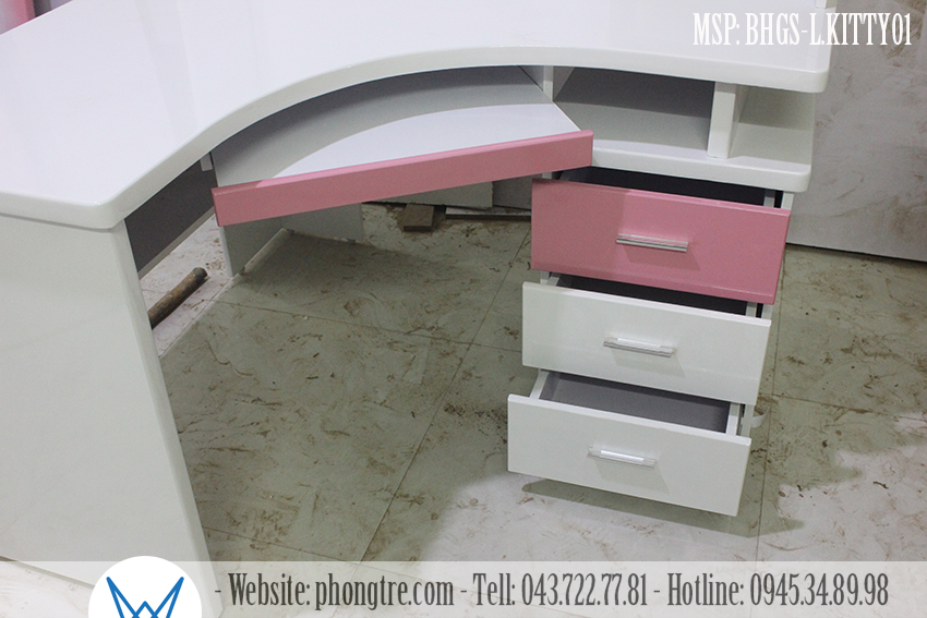 Thiết kế phần bàn học của bàn học chữ L liền giá sách MSP: BHGS-L.KITTY01