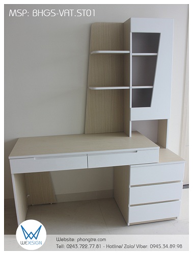 Bàn học có giá sách cách điệu với đường vát vân gỗ sồi