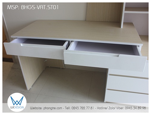Hai ngăn kéo dưới mặt bàn thiết kế để đồ dùng học tập, thẻ từ mới, giấy nhớ...