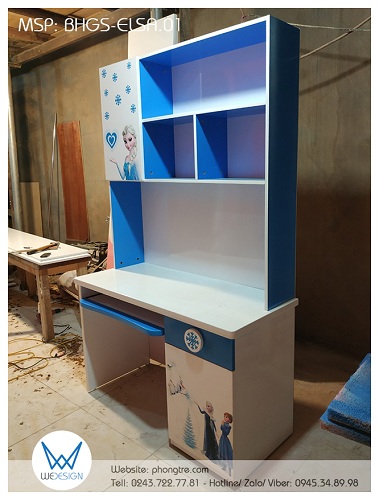 Bàn học công chúa băng giá Elsa BHGS-ELSA.01 trang trí Poster phim Frozen với màu xanh nước biển phối cùng màu trắng