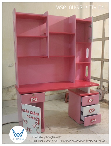 Thiết kế kết cấu bàn học liền giá sách Hello Kitty BHGS-KITTY.06 có chiều ngang 1m4 có công năng tiện ích cho học sinh trung học
