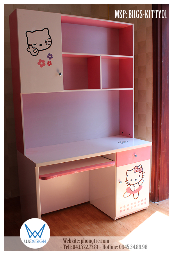 Bàn học Mèo Hello Kitty kiểu bàn liền giá sách