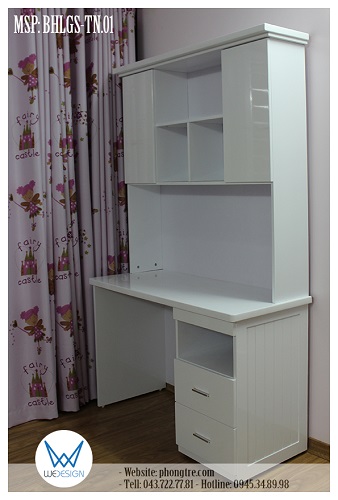 Bàn học sinh liền giá sách màu trắng MSP: BHLGS-TN.01 mang kiểu dáng bàn học gỗ tự nhiên