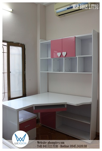 Bàn học góc liền tủ sách MSP: BHGS-L.TT02 trang trí trái tim dễ thương