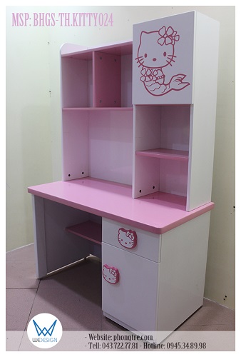 Bàn học tiểu học liền giá sách trang trí nàng tiên cá Kitty MSP: BHGS-TH.KITTY024