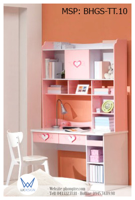 Mẫu thiết kế bàn học liền giá sách trang trí trái tim đôi cánh thiên thần MSP: BHGS-TT.10
