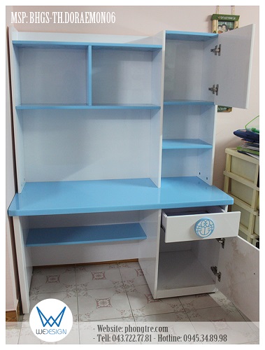 Kết cấu bàn học Doraemon MSP: BHGS-TH.DORAEMON06 kiểu bàn học sinh tiểu học liền giá sách