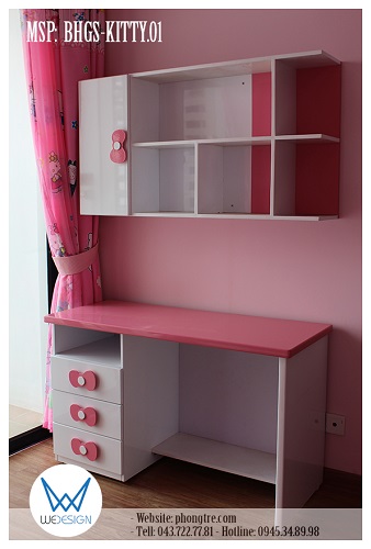 Bàn học có giá sách treo tường MSP: BHGS-KITTY.01 tay nắm hình nơ Mèo Hello Kitty