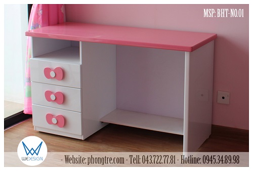 Bàn học thẳng trang trí nơ Mèo Hello Kitty MSP: BHT-NO.01  có tủ đồ 1 hộc - 3 ngăn kéo