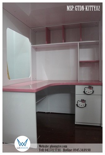Bàn học chữ L liền giá sách trang trí Hello Kitty công chúa