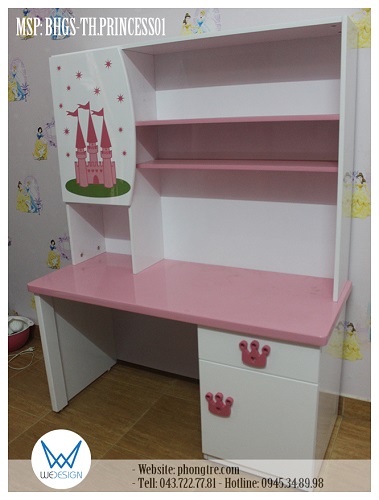 Bàn học lâu đài công chúa trái tim MSP: BHGS-TH.PRINCESS01 liền giá sách dành cho bé gái học tiểu học