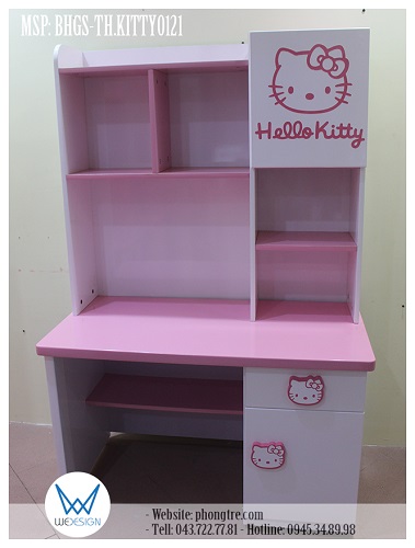 Bàn học tiểu học liền giá sách Hello Kitty đeo nơ