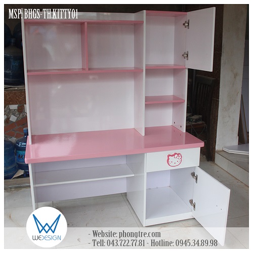Kết cấu bàn học tiểu học Hello Kitty liền giá sách MSP: BHGS-TH.KITTY01