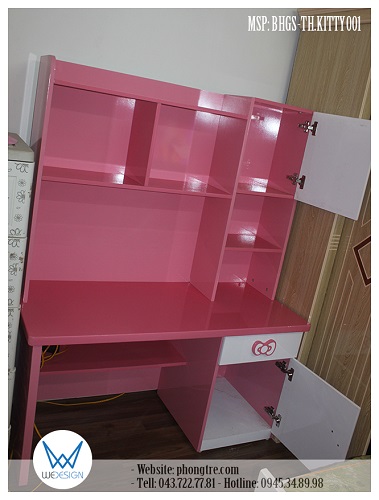 Kết cấu bàn học tiểu học Hello Kitty liền giá sách MSP: BHGS-TH.KITTY001