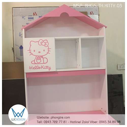 Kệ sách ngôi nhà màu trắng, mái hồng liền với bàn của bàn học tiểu học ngôi nhà Hello Kittty BHGS-TH.KITTY03
