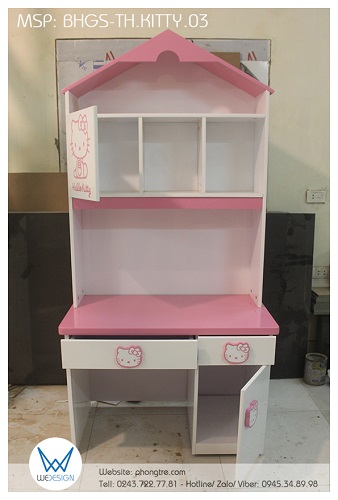 Kết cấu bàn học tiểu học liền giá sách ngôi nhà Hello Kitty BHGS-TH.KITTY03