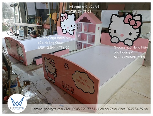 Giường ngủ Hello Mimmy của Hoàng Châu với chiếc nơ bên trái và Giường ngủ Hello Kitty của Hoàng Vi với nơ bên phải