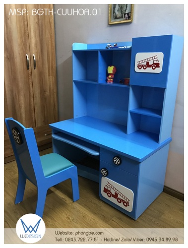 Mẫu thiết kế bàn ghế tiểu học trang trí ô tô cứu hỏa BGTH-CUUHOA.01 dành cho bé trai vào lớp 1