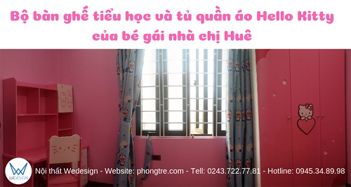 Bàn ghế tiểu học & tủ Hello Kitty của bé gái nhà mẹ Huê