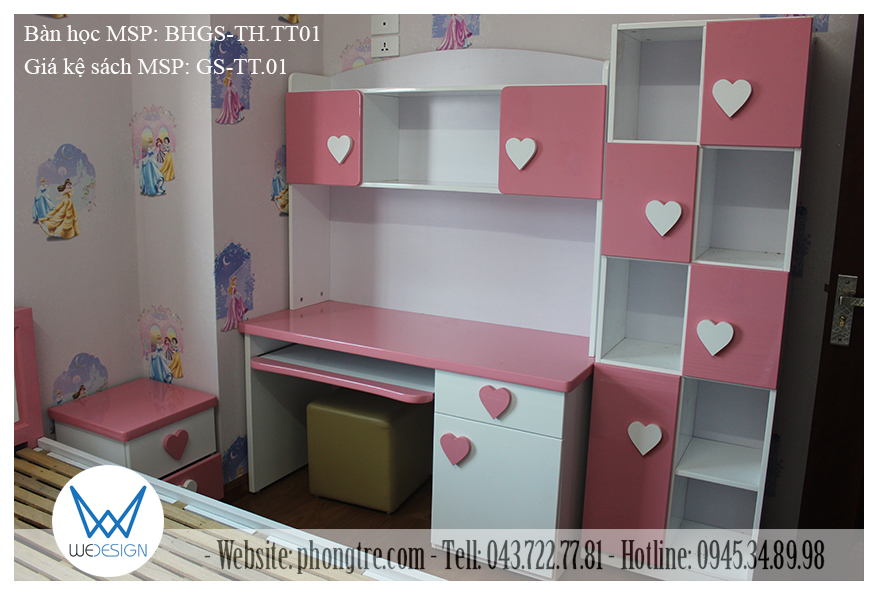 Góc học tập bé gái dễ thương với bàn học tiểu học - kệ sách tay nắm trái tim
