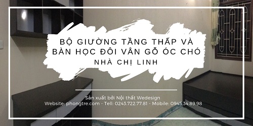 Bộ giường tầng thấp 1m4 và bàn học đôi vân gỗ óc chó