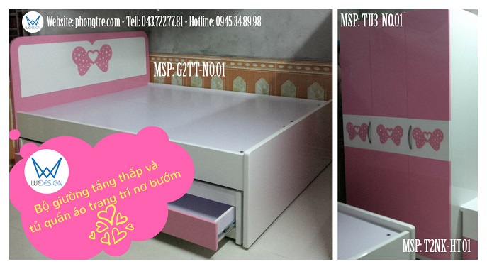 Bộ giường tầng thấp và tủ trang trí nơ cánh bướm