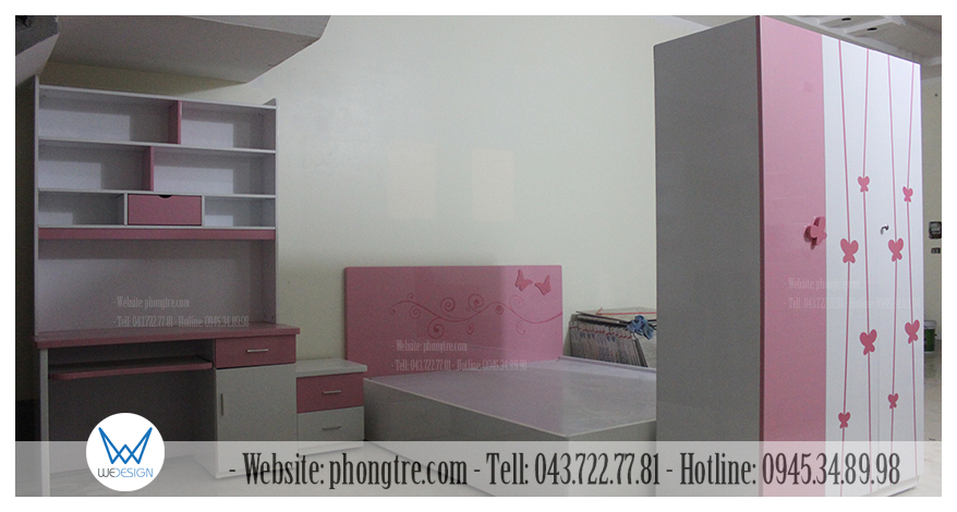 Bộ nội thất phòng ngủ trang trí cánh bướm màu hồng