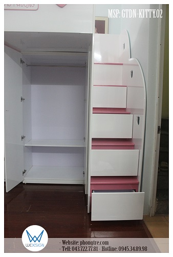 Cầu thang có tay vịn lượn sóng trang trí Mèo Hello Kitty, gầm cầu thang được làm thành ngăn kéo