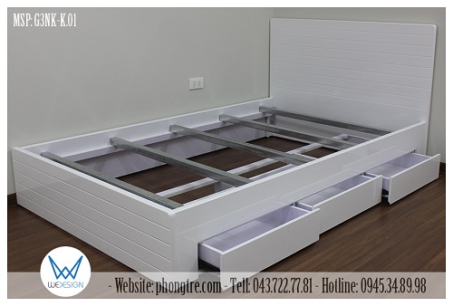 Giường 3 ngăn kéo 1m2 màu trắng soi kẻ ngang