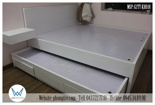 Giường 2 tầng thấp 1m8 và 1m2 đa năng có tủ đầu giường 1 ngăn kéo treo trên tường
