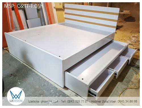 Giường tầng thấp đa năng G2TT-T.01K có giường tầng trên là giường 1m8x2m, giường tầng dưới là giường 1m2x1m9 có 3 ngăn kéo