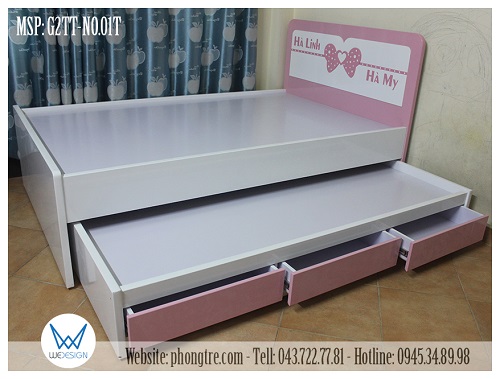 Giường 2 tầng thấp có 3 ngăn kéo trang trí nơ cánh bướm xinh và tên 2 bé gái MSP: G2TT-NO.01T