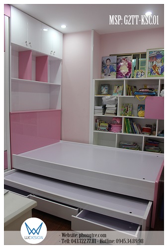 Mẫu giường tầng thấp đa năng MSP: G2TT-KSC.01 có 3 ngăn kéo, tủ để chăn và kệ sách kịch trần