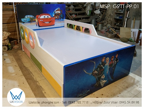 Giường tầng thấp có thành chắn và 3 ngăn kéo trang trí chủ đề phim hoạt hình Cars và Frozen