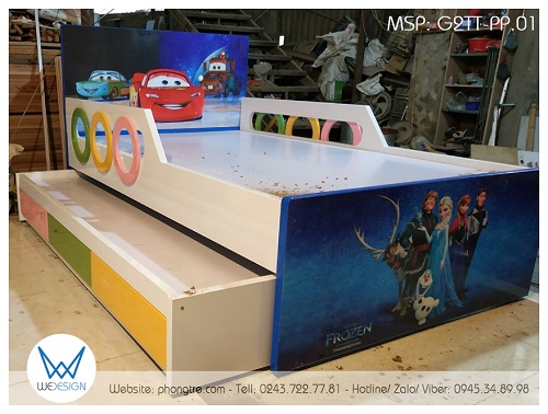 Cả 2 tầng giường của giường tầng thấp G2TT-PP.01 đều sử dụng dát phản MDF dày 1.5cm, tráng Melamine 2 mặt