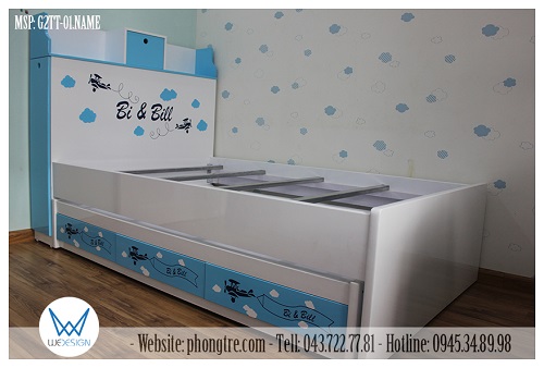 Kết cấu giường 2 tầng thấp G2TT-01.NAME có 3 ngăn kéo đầu cao giường là kệ sách liền tủ để chăn