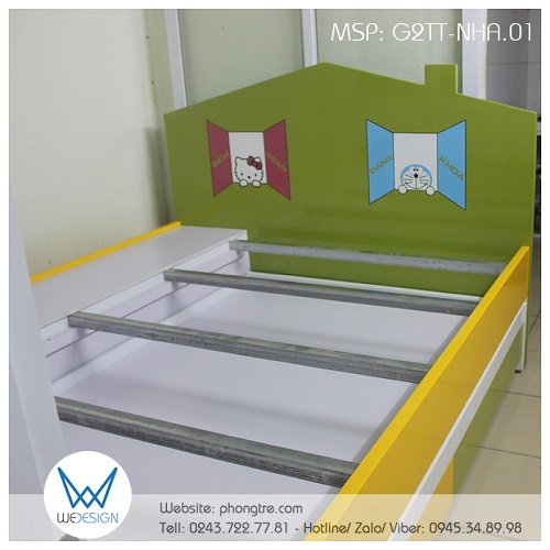 Giường tầng trên có phần kho được làm cao lên đỡ dát còn phần còn lại sử dụng thang kẽm để đỡ dát