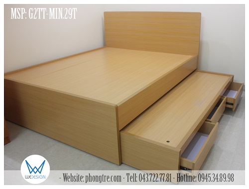 Giường tầng thấp đa năng của chị Phương Hoa có hộc kho 2 khoang dưới gầm giường và 3 ngăn kéo ở giường tầng dưới