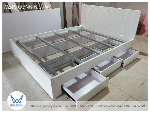 Giường ngăn kéo 1m6 trang trí đường soi ngang màu trắng
