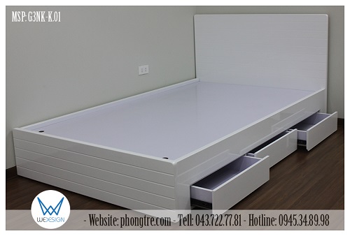 Giường ngăn kéo G3NK-K.01 sử dụng dát phản làm bằng gỗ MDF, tráng Melamine 2 mặt