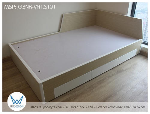 Giường 3 ngăn kéo G3NK-VAT.01 sử dụng dát phản làm bằng tấm MDF, dày 15 ly, tráng melamine 2 mặt có khoan lỗ nhấc dát