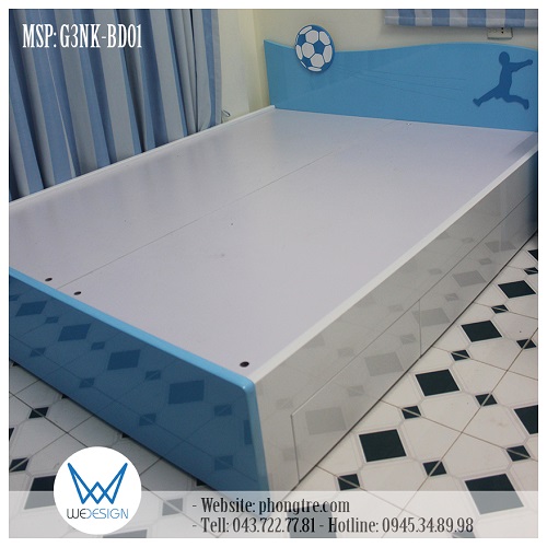 Giường 3 ngăn kéo trang trí chủ đề bóng đá màu xanh da trời MSP: G3NK-BD01 có đầu cao 73cm, kê áp tường có cửa sổ