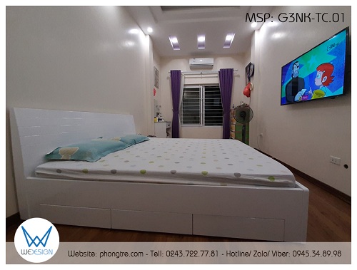 Giường 3 ngăn kéo có đâu cao dáng tựa cong soi kẻ ngang trang trí màu trắng G3NK-TC.01