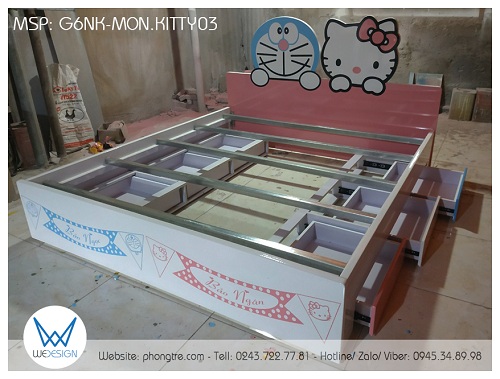 Ngăn kéo được Wedesign làm thành từng hộc 3 ngăn kéo riêng biệt bắt vào 2 bên thành giường & bắt ray bi 3 tầng có thể rút toàn phần thùng ngăn kéo