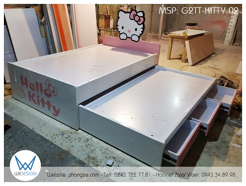 Để kê giường giường 2 tầng thấp 1m2 có 3 ngăn kéo Hello Kitty G2TT-KITTY.02 cần có khoảng sàn 2m56x2m06 