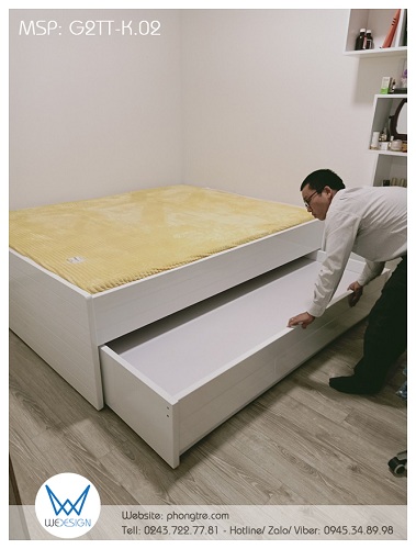 Giường hộp 2 tầng thấp 1m6 và 1m đa năng trang trí đường soi ngang G2TT-K.02 màu trắng