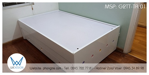 Giường hộp 2 tầng thấp G2TT-TR.01 màu trắng trang trí hình tròn sắc màu hồng, tím, vàng dễ thương dành cho phòng ngủ 2 bé gái